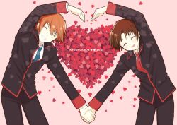 Rule 34 | 2boys, :d, ^ ^, black jacket, black pants, blazer, blue necktie, blush, brown hair, character name, closed eyes, commentary request, couple, cowboy shot, facing viewer, grin, happy, heart, heart arms duo, heart background, holding hands, jacket, light brown hair, little busters!, little busters! school uniform, long sleeves, multiple boys, naoe riki, natsume kyousuke, necktie, open mouth, pants, pink background, piyo (kinkooo333), red necktie, school uniform, short hair, shy, simple background, smile, too many, too many hearts, yaoi