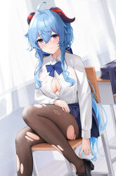 Rule 34 | 1girl, adjusting footwear, ahoge, alternate costume, black footwear, black pantyhose, black skirt, blue bow, blue bowtie, blue hair, bow, bowtie, breasts, chair, classroom, cleavage, closed mouth, dress shirt, embarrassed, foot out of frame, ganyu (genshin impact), genshin impact, goat horns, gradient eyes, highres, horns, indoors, large breasts, long hair, long sleeves, looking at viewer, miniskirt, multicolored eyes, no bra, on chair, pantyhose, partially unbuttoned, pleated skirt, ponytail, purple eyes, qing wu, raised eyebrows, school chair, school uniform, see-through, shirt, shirt tucked in, sidelocks, sitting, skirt, solo, thighs, torn clothes, torn pantyhose