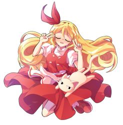 Rule 34 | 1boy, 1girl, alphes (style), animal, blonde hair, blush, breasts, buttons, cat, closed eyes, commentary request, dairi, double v, ellen (touhou), embarrassed, eyebrows, full body, hair between eyes, hairband, loafers, long hair, looking at viewer, medium breasts, nose blush, open mouth, parody, pet, puffy short sleeves, puffy sleeves, red footwear, red hairband, red ribbon, red shirt, red skirt, ribbon, shirt, shoes, short sleeves, skirt, skirt set, smile, socks, sokrates (touhou), solo, style parody, tongue, touhou, touhou (pc-98), transparent background, undershirt, v, white cat, white shirt, white socks