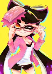 Rule 34 | + +, 1girl, ;), adjusting eyewear, black hair, black shorts, breasts, brown-framed eyewear, brown eyes, callie (splatoon), cardigan, cleavage, closed mouth, commentary, cowboy shot, cropped legs, dated, earrings, food, food on head, glasses, gradient hair, highres, inkling, jewelry, long hair, looking at viewer, medium breasts, mole, mole under eye, multicolored hair, nintendo, object on head, okome 2g2g, one eye closed, open cardigan, open clothes, pink sweater, pointy ears, purple hair, rectangular eyewear, shirt, short shorts, shorts, silhouette, simple background, smile, solo, splatoon (series), splatoon 1, standing, sweater, symbol-only commentary, tentacle hair, very long hair, white shirt, yellow background