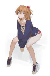 Rule 34 | 1girl, adidas, bare legs, blue eyes, blue sweater, breasts, casual, cleavage, hair between eyes, hair ornament, highres, interface headset, long hair, looking at viewer, medium breasts, neon genesis evangelion, off shoulder, open mouth, orange hair, oversized clothes, shoes, short shorts, shorts, simple background, sneakers, solo, souryuu asuka langley, sweater, timbougami, white background