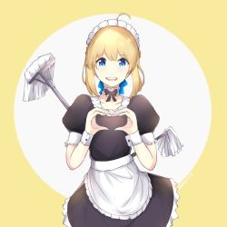 Rule 34 | 1girl, :d, ahoge, alternate costume, apron, artoria pendragon (all), artoria pendragon (fate), black dress, blonde hair, blue bow, blue eyes, blush, bow, dress, duster, enmaided, fate/stay night, fate (series), frilled apron, frills, hair between eyes, hair bow, long hair, looking at viewer, maid, maid headdress, mop, open mouth, puffy short sleeves, puffy sleeves, rocm (nkkf3785), saber (fate), short sleeves, sidelocks, smile, solo, two-tone background, waist apron, white apron, white background, wrist cuffs, yellow background