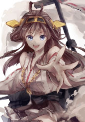 Rule 34 | 10s, 1girl, ahoge, bad id, bad pixiv id, bare shoulders, blue eyes, breasts, brown hair, hairband, japanese clothes, kantai collection, kongou (kancolle), long hair, medium breasts, miko, mizumochi (1egend), nontraditional miko, open mouth, outstretched hand, smile, solo