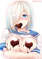 Rule 34 | 10s, 1girl, blue eyes, blush, breasts, breasts out, candy, chocolate, chocolate covered, chocolate heart, eyes visible through hair, food, hair ornament, hair over one eye, hairclip, hamakaze (kancolle), hand on own arm, heart, izumi akane, kantai collection, large breasts, looking at viewer, school uniform, serafuku, short hair, short sleeves, silver hair, solo, twitter username, upper body