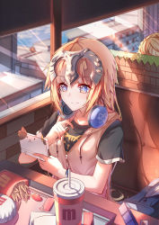 Rule 34 | 2girls, absurdres, ahoge, alternate costume, artoria pendragon (all), artoria pendragon (fate), bag, black shirt, blonde hair, blue eyes, blue sky, braid, brick wall, brown vest, building, burger, buttons, casual, chair, closed mouth, cloud, collarbone, contemporary, cup, day, drawstring, drinking straw, fast food, fate/apocrypha, fate/grand order, fate (series), fence, food, french braid, french fries, hair between eyes, hand up, handheld game console, headphones, headphones around neck, headpiece, highres, holding, hood, hoodie, indoors, jeanne d&#039;arc (fate), jeanne d&#039;arc (ruler) (fate), ketchup, light rays, long hair, looking at viewer, looking down, mcdonald&#039;s, multiple girls, napkin, nintendo ds, saber (fate), saint quartz (fate), shadow, shirt, short sleeves, sitting, sky, smile, solo focus, sora (zwz030), stylus, sunlight, t-shirt, table, tray, vest, window, wrapper, wristband, zipper