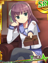 Rule 34 | 1girl, angel beats!, artist request, black hairband, black thighhighs, blunt bangs, bow, bow hairband, breasts, character name, closed mouth, collared shirt, commentary request, crossed legs, gift, green eyes, hair bow, hairband, hand on own cheek, hand on own face, holding, holding gift, long hair, long sleeves, miniskirt, official art, pleated skirt, purple hair, school uniform, serafuku, shirt, simple background, sitting, skirt, solo, thighhighs, white background, nakamura yuri