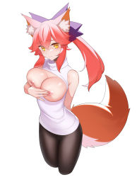 Rule 34 | animal ear fluff, animal ears, blush, bow, breasts, breasts out, brown pantyhose, closed mouth, covering nipples, covering privates, cropped legs, fate/grand order, fate (series), fox ears, fox tail, hair between eyes, hair bow, highres, large breasts, looking at viewer, milim nova, pantyhose, pink hair, purple bow, simple background, sleeveless, sleeveless sweater, standing, sweater, tail, tamamo (fate), twintails, white background, white sweater, yellow eyes