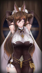 Rule 34 | 1girl, absurdres, animal ears, armpits, arms behind head, arms up, blush, breasts, brown hair, closed eyes, detached sleeves, extra ears, galleon (granblue fantasy), granblue fantasy, highres, horns, large breasts, long hair, mea (manami030), multicolored hair, pointy ears, solo, steaming body, streaked hair, sweat, very long hair