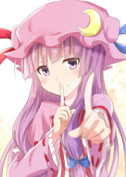 Rule 34 | 1girl, blue bow, blue ribbon, blunt bangs, blurry, bow, crescent, crescent hair ornament, depth of field, hair bow, hair ornament, hat, hat ribbon, index finger raised, koi dance, long hair, long sleeves, looking at viewer, mob cap, patchouli knowledge, purple eyes, purple hair, ram hachimin, red ribbon, ribbon, ribbon-trimmed sleeves, ribbon trim, smile, solo, touhou, upper body, wide sleeves