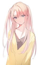 Rule 34 | 1girl, collarbone, dress, grey eyes, hair between eyes, long hair, looking at viewer, lpip, open mouth, original, parted bangs, pink hair, simple background, solo, two side up, upper body, very long hair, white background, yellow dress