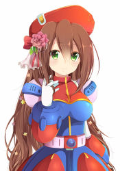 Rule 34 | 1girl, android, beret, blush, breasts, brown hair, cowboy shot, female focus, flower, gloves, gold trim, green eyes, hair between eyes, hair flower, hair ornament, hat, iris (mega man), large breasts, long hair, looking at viewer, mega man (series), mega man x4, mega man x (series), red hat, rento (rukeai), ringed eyes, simple background, smile, solo, source request, very long hair, white background, white gloves