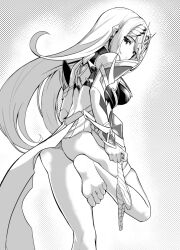 Rule 34 | 1girl, absurdres, ass, back, backless dress, backless outfit, breasts, circlet, dress, elbow gloves, gloves, grey hair, highres, holding, holding clothes, holding panties, holding underwear, large breasts, long hair, looking at viewer, looking back, medium breasts, monochrome, mythra (xenoblade), panties, sideboob, simple background, soles, solo, striped clothes, striped panties, swept bangs, toes, underwear, white-paka, white background, white dress, white gloves, white panties, xenoblade chronicles (series), xenoblade chronicles 2