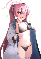 Rule 34 | 1girl, absurdres, bikini, black bikini, blue archive, coat, cowboy shot, fang, halo, highres, koyuki (blue archive), long hair, long sleeves, looking at viewer, navel, one eye closed, open clothes, open coat, open mouth, pink eyes, pink hair, pink halo, senpaihawkkun, side-tie bikini bottom, simple background, solo, swimsuit, thighhighs, twintails, very long hair, white background, white coat, white thighhighs
