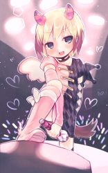 Rule 34 | 1girl, :d, argyle, asymmetrical clothes, asymmetrical wings, blonde hair, blush, bob cut, brown hair, choker, erica hartmann, fang, gradient background, highres, holding, horns, microphone, multicolored hair, okayu (headless), open mouth, short hair, smile, solo, strike witches, two-tone hair, wings, world witches series