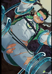 Rule 34 | 1boy, arms up, ass, bara, black hair, bodysuit, bulge, clenched teeth, covered abs, covered navel, dark-skinned male, dark skin, erection, erection under clothes, facial hair, flaccid, glasses, gluteal fold, goatee, green hair, grey bodysuit, highres, kyoichi (live a hero), large pectorals, live a hero, male focus, masayoshi togashi (alu379), multicolored hair, muscular, muscular male, pectorals, penis, penis peek, short hair, sideburns, skin tight, slime (substance), solo, spread legs, streaked hair, teeth, tentacles, tentacles on male, testicles, thick thighs, thighs, torn bodysuit, torn clothes, twitching, two-tone hair