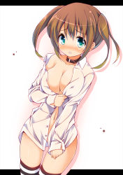 Rule 34 | 1girl, blue eyes, blush, breasts, brown hair, chiri (atlanta), cleavage, clothes pull, collar, gradient eyes, highres, letterboxed, medium breasts, multicolored eyes, naked shirt, navel, no bra, original, shirt, shirt pull, short hair, sleeves past wrists, solo, striped clothes, striped thighhighs, thighhighs, twintails, white shirt