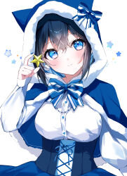Rule 34 | 1girl, absurdres, animal hood, black hair, blue bow, blue bowtie, blue capelet, blue eyes, blue skirt, blush, bow, bowtie, breasts, capelet, fur-trimmed capelet, fur trim, hand up, head tilt, high-waist skirt, highres, holding, holding star, hood, hood up, hooded capelet, long sleeves, looking at viewer, medium breasts, nolma7, original, shirt, short hair, simple background, skirt, smile, solo, star (symbol), striped bow, striped bowtie, striped clothes, upper body, white background, white bow, white bowtie, white shirt