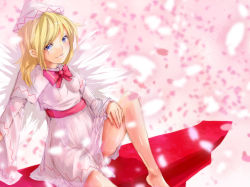 Rule 34 | 1girl, bad id, bad pixiv id, barefoot, blonde hair, blue eyes, blush, bow, capelet, cherry blossoms, dress, fairy, female focus, grin, hat, lily white, mkcrf, petals, sash, sitting, smile, solo, torii, touhou, wings