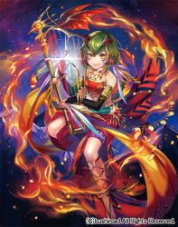 Rule 34 | 1girl, cardfight!! vanguard, company name, dragon dancer tara, facial mark, fangs, feathers, fire, green hair, harp, horns, instrument, jewelry, matsurika youko, midriff, necklace, official art, sandals, sitting, solo, yellow eyes