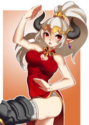 Rule 34 | 1girl, aliza (granblue fantasy), breasts, cleavage, cleavage cutout, clothing cutout, draph, dress, earrings, granblue fantasy, graphite (medium), hair ornament, highres, horns, jewelry, long hair, omega (endsunrise), open mouth, pointy ears, ponytail, red dress, red eyes, side slit, silver hair, solo, traditional media