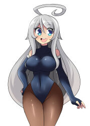 Rule 34 | 1girl, absurdres, antenna hair, aqua eyes, blue eyes, blush, breasts, covered navel, curvy, elbow gloves, feet out of frame, gloves, grey hair, hair ornament, hand on own hip, highleg, highleg leotard, highres, large breasts, leotard, long hair, looking at viewer, lucyfer, original, shiny clothes, simple background, smile, solo, very long hair, white background, wide hips, yu-li-na (mrglasses)