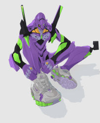 Rule 34 | (stag), absurdres, armor, eva 01, highres, horns, mecha, neon genesis evangelion, no humans, robot, shadow, shoes, simple background, single horn, sitting, sneakers, tying shoes