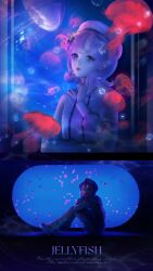 Rule 34 | 1girl, 3d, aquarium, chinese commentary, commentary request, dark, earrings, english text, highres, index finger raised, jacket, jellyfish, jewelry, lips, lipstick, looking at viewer, makeup, nikki (miracle nikki), official art, pink hair, sea creature, shining nikki, short hair, sitting, water, white headwear