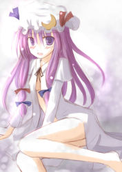 Rule 34 | 1girl, blush, bottomless, bow, female focus, gradient background, grey background, hair bow, hat, long hair, mashayuki, multiple hair bows, open clothes, open shirt, patchouli knowledge, purple eyes, purple hair, shirt, sitting, sketch, solo, touhou, white background