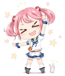 Rule 34 | &gt; &lt;, 10s, 1girl, :3, :d, apron, arm up, badge, blush, blush stickers, chibi, clenched hand, closed eyes, frilled skirt, frills, hair bobbles, hair ornament, kantai collection, navel, open mouth, pink eyes, pink hair, puffy short sleeves, puffy sleeves, rabbit, rabbit pin, remodel (kantai collection), sazanami (kancolle), sazanami kai (kancolle), school uniform, serafuku, short hair, short sleeves, skirt, smile, solo, standing, star (symbol), tachiki (naruki), twintails, waist apron, white legwear, wrist cuffs