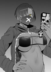 Rule 34 | 1girl, absurdres, bikini, breasts, cellphone, cellphone charm, charm (object), dark-skinned female, dark skin, earrings, eyepatch bikini, greyscale, gyaru, hair over one eye, hand on own hip, highres, holding, holding phone, jewelry, large breasts, looking at viewer, mask, monochrome, mouth mask, navel, original, partially colored, phone, short hair, shrug (clothing), smartphone, solo, stomach, stud earrings, swimsuit, underboob, upper body, user tzwh8375, yellow eyes