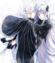 Rule 34 | 1girl, bed sheet, black capelet, black dress, black footwear, breasts, butterfly hair ornament, capelet, colored eyelashes, commentary, dress, echidna (re:zero), eyelashes, fingernails, frilled dress, frills, from above, full body, hair between eyes, hair ornament, high heels, highres, knees to chest, long dress, long hair, long sleeves, looking at viewer, looking up, lying, nicky w, on bed, on side, own hands together, parted lips, purple eyes, re:zero kara hajimeru isekai seikatsu, sidelocks, silver hair, solo, striped clothes, striped dress, vertical-striped clothes, vertical-striped dress, very long hair