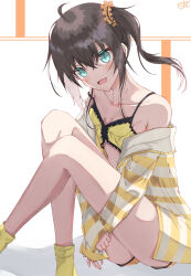 Rule 34 | 1girl, ahoge, aqua eyes, blush, breasts, brown hair, camisole, collarbone, commentary, fang, feet out of frame, frilled camisole, frills, hair between eyes, highres, hololive, jacket, knees up, long sleeves, looking at viewer, medium hair, natsuiro matsuri, natsuiro matsuri (matsuri&#039;s day off), official alternate costume, open mouth, orange scrunchie, orange shorts, scrunchie, shorts, side ponytail, sitting, sleeves past wrists, small breasts, socks, solo, spaghetti strap, striped clothes, striped jacket, sumishi (sumisi 3), virtual youtuber, yellow camisole, yellow socks