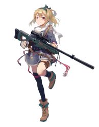 Rule 34 | 1girl, aiguillette, ankle boots, asymmetrical legwear, badge, belt, black gloves, black socks, blonde hair, bolt action, boots, bow, brown footwear, closed mouth, full body, girls&#039; frontline, gloves, gun, hair bow, hairband, highres, holding, holding gun, holding weapon, holster, huanxiang heitu, kneehighs, long hair, long sleeves, looking at viewer, medal, mismatched legwear, official art, pocket, red eyes, rifle, russian flag, scarf, shorts, single kneehigh, single sock, single thighhigh, sitting, sleeves past elbows, sleeves pushed up, smile, sniper rifle, socks, solo, standing, standing on one leg, sv-98, sv-98 (girls&#039; frontline), thigh holster, thigh strap, thighhighs, transparent background, weapon, white scarf