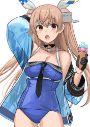Rule 34 | akagi kurage, blue one-piece swimsuit, breasts, brown eyes, hair between eyes, highres, ice, ice wings, jacket, johnston (kancolle), kantai collection, light brown hair, long hair, medium breasts, official alternate costume, one-piece swimsuit, open mouth, school swimsuit, see-through, see-through jacket, see-through sleeves, simple background, smile, swimsuit, two side up, wings