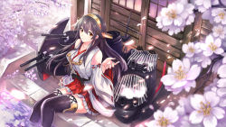 Rule 34 | 10s, 1girl, architecture, bare shoulders, blush, branch, brown eyes, brown hair, cherry blossoms, closed mouth, detached sleeves, east asian architecture, flower, from above, hair ornament, hairband, hairclip, hand up, haruna (kancolle), headgear, highres, japanese clothes, kantai collection, long hair, looking at viewer, machinery, nontraditional miko, nr noir, outdoors, petals, red skirt, sarashi, sitting, skirt, smile, soaking feet, solo, thighhighs, water