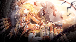 Rule 34 | 1girl, ahoge, azur lane, bat (animal), black footwear, black skirt, blonde hair, blurry, blush, boots, braid, breasts, closed mouth, cross, crown braid, depth of field, earrings, hair ornament, halloween, highres, holding, holding sword, holding weapon, jack-o&#039;-lantern, jack-o&#039;-lantern hair ornament, jewelry, lengchan (fu626878068), looking at viewer, medium breasts, military, military uniform, petticoat, prince of wales (azur lane), rapier, rigging, short hair, skirt, smile, solo, striped, sword, thighhighs, uniform, vertical stripes, weapon, white thighhighs