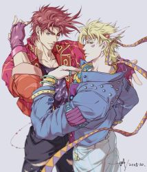 Rule 34 | 2boys, asymmetrical hair, bangle, battle tendency, blonde hair, blue eyes, blue jacket, bracelet, brown hair, caesar anthonio zeppeli, closed mouth, collarbone, collared jacket, commentary, cowboy shot, dated, eyebrows hidden by hair, facial mark, feather hair ornament, fingerless gloves, gloves, green eyes, hair ornament, headband, high collar, highres, jacket, jewelry, jojo no kimyou na bouken, joseph joestar, joseph joestar (young), light smile, looking at viewer, male focus, multiple boys, official alternate costume, one eye closed, pants, red jacket, ring, sashiyu, short hair, signature, simple background, sleeves rolled up, thumb ring, torn clothes, torn pants