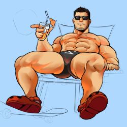 Rule 34 | 1boy, abs, bara, beard stubble, black hair, black male swimwear, bulge, cocktail glass, crocs, cup, drinking glass, facial hair, highres, huge eyebrows, large pectorals, lucas lee, male focus, male swimwear, muscular, muscular male, navel, nipples, on chair, pectorals, phineart, scott pilgrim (series), scott pilgrim takes off, short hair, sitting, smile, solo, sparse chest hair, spread legs, stubble, sunglasses, swim briefs, thick thighs, thighs, topless male, unfinished