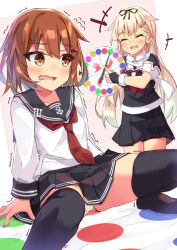 2girls beritabo black_gloves black_ribbon black_sailor_collar black_serafuku black_skirt black_thighhighs brown_eyes brown_hair closed_eyes fingerless_gloves gloves hair_flaps hair_ornament hair_ribbon hairclip highres ikazuchi_(kancolle) kantai_collection long_hair long_sleeves miniskirt multiple_girls neckerchief open_mouth panties plaid_clothes plaid_panties playing_games pleated_skirt red_neckerchief ribbon sailor_collar scarf school_uniform serafuku short_hair short_sleeves skirt thighhighs twister twister_wheel underwear white_scarf yuudachi_(kancolle) yuudachi_kai_ni_(kancolle)