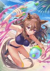 Rule 34 | 1girl, ahoge, animal ears, bare shoulders, beach, bikini, bracelet, breasts, brown hair, cloud, highres, holding, holding water gun, horse ears, horse girl, horse tail, jewelry, jumping, long hair, looking at viewer, making-of available, medium breasts, nabe puyo, nakayama festa (entrust myself to the dice) (umamusume), nakayama festa (umamusume), navel, necklace, ocean, official alternate costume, outdoors, parted lips, red eyes, sand, sandals, solo, sparkle, swimsuit, tail, tankini, toes, umamusume, water, water gun, wet, wet hair