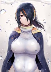 Rule 34 | 10s, 1girl, air bubble, bad id, bad pixiv id, black hair, breasts, brown eyes, bubble, covered navel, emperor penguin (kemono friends), hair over one eye, headphones, highres, kemono friends, large breasts, leotard, long hair, looking at viewer, multicolored hair, solo, sukemyon, white leotard