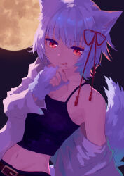 Rule 34 | 1girl, animal ears, belt, belt buckle, black shirt, blood, blood on face, blood on hands, breasts, brown belt, buckle, closed mouth, commentary, crop top, cropped shirt, fingerless gloves, full moon, fur gloves, gloves, glowing, glowing eyes, hair ornament, highres, inubashiri momiji, licking lips, long sleeves, looking at viewer, medium hair, midriff, moon, navel, night, off shoulder, open clothes, open shirt, outdoors, red eyes, shirt, single bare shoulder, sleeveless, sleeveless shirt, small breasts, solo, spaghetti strap, tail, tongue, tongue out, touhou, white gloves, white hair, white shirt, wolf ears, wolf girl, wolf tail, yamabuki (yamabuki xxxxx)