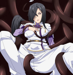 Rule 34 | 10s, 1girl, between breasts, black hair, breasts, hair over one eye, hand on own chest, jacket, large breasts, long hair, looking at viewer, lying, military, military uniform, on back, open mouth, origami yukari, panties, red eyes, solo, spread legs, tentacles, tentacles between breasts, toji no miko, underwear, uniform, white jacket, white panties, yoshida keiji