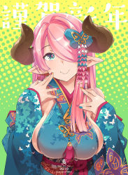 Rule 34 | 1girl, 2019, animal print, bare shoulders, blue eyes, blue kimono, blue nails, breasts, butterfly hair ornament, butterfly print, closed mouth, commentary request, dotted background, draph, granblue fantasy, hair ornament, hands up, highres, horns, japanese clothes, kimono, large breasts, long hair, looking at viewer, multicolored nails, nail polish, narmaya (granblue fantasy), new year, obi, off shoulder, pink hair, pointy ears, print kimono, purple nails, sash, sideboob, skindentation, smile, solo, thomasz, translation request, upper body, wide sleeves, yellow nails