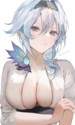 Rule 34 | 1girl, absurdres, alternate costume, black hairband, blue eyes, blue hair, breasts, cleavage, closed mouth, eula (genshin impact), genshin impact, hair between eyes, hairband, hand on own arm, highres, large breasts, looking at viewer, medium hair, shirt, sidelocks, solo, straight-on, twitter username, ume (plumblossom), unbuttoned, unbuttoned shirt, upper body, vision (genshin impact), white background, white shirt