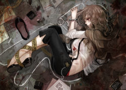 Rule 34 | 1girl, absurdres, apt, assisted exposure, bdsm, black footwear, black pants, blood, blood stain, bondage, bound, bound legs, bra, breasts, brown hair, brown jacket, bug, chalk outline, cockroach, cuffs, from above, full body, handcuffs, highres, insect, jacket, jacket on shoulders, large breasts, long hair, lying, on side, open clothes, open shirt, original, panties, pants, parted lips, red bra, red eyes, red panties, shirt, shoes, unworn shoes, sleeves rolled up, solo, stomach, underwear, white shirt