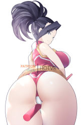 Rule 34 | 1girl, artist name, ass, bare shoulders, black hair, boku no hero academia, breasts, cameltoe, from behind, hot vr, huge ass, large breasts, long hair, looking at viewer, looking back, pole, ponytail, sleeveless, thick thighs, thigh gap, thighs, white background, yaoyorozu momo