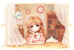 Rule 34 | 1girl, ahoge, artist name, bird, blonde hair, blue eyes, blush, book, bookshelf, cat, clock, closed mouth, curtains, eyebrows, head rest, jitome, long hair, neck ribbon, open window, original, paper, picture frame, puffy short sleeves, puffy sleeves, red ribbon, ribbon, ringomaru (omanju-oo), scroll, short sleeves, smile, solo, wall clock, window