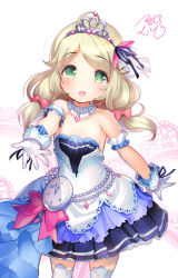 Rule 34 | 10s, 1girl, ahoge, bare shoulders, blonde hair, blush, choker, dress, gloves, green eyes, hair ribbon, idolmaster, idolmaster cinderella girls, idolmaster cinderella girls starlight stage, jewelry, long hair, looking at viewer, low twintails, necklace, open mouth, pocket watch, ribbon, signature, smile, solo, sorimura youji, starry sky bright, thighhighs, tiara, twintails, watch, white dress, white gloves, white thighhighs, yusa kozue