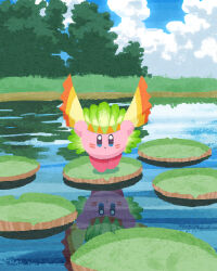 Rule 34 | blue eyes, cloud, copy ability, facepaint, feathers, green feathers, highres, kirby, kirby (series), lake, lily pad, miclot, nintendo, no humans, open mouth, outdoors, pink footwear, reflection, reflective water, scenery, shoes, sky, standing, tree, water, wing kirby, wings